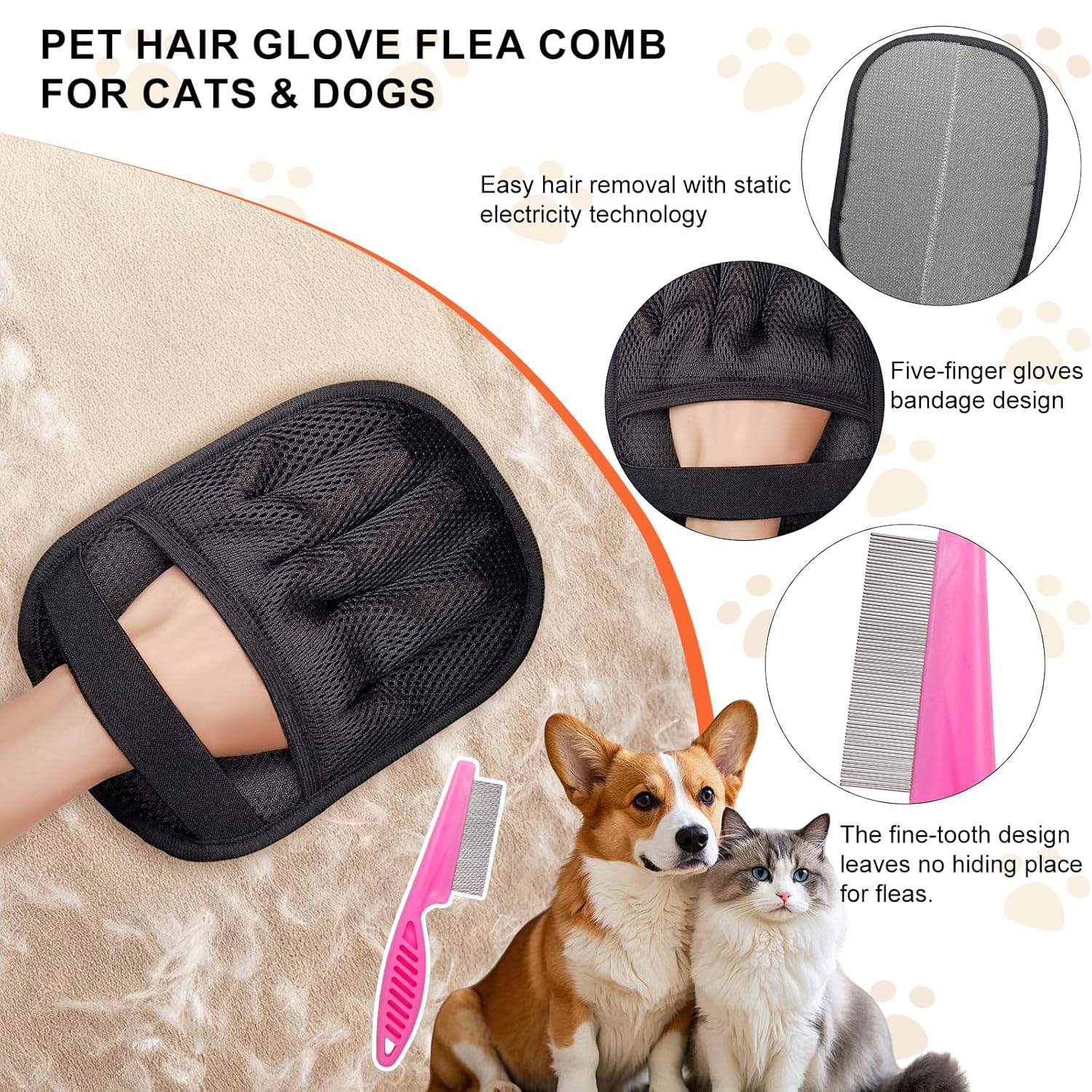 Pet Hair Removal Glove - Magic Brush Electrostatic Mitt for Dogs & Cats Reusable Grooming Gloves Pet Hair Remover Tool with 5-Finger Design for Couch, Carpet, Furniture, Laundry & Clothing